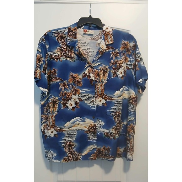 Hilo Hattie Other - Hilo Hattie Hawaiian Original Shirt Mens Large Blue Tropical Palm Tree Rayon L